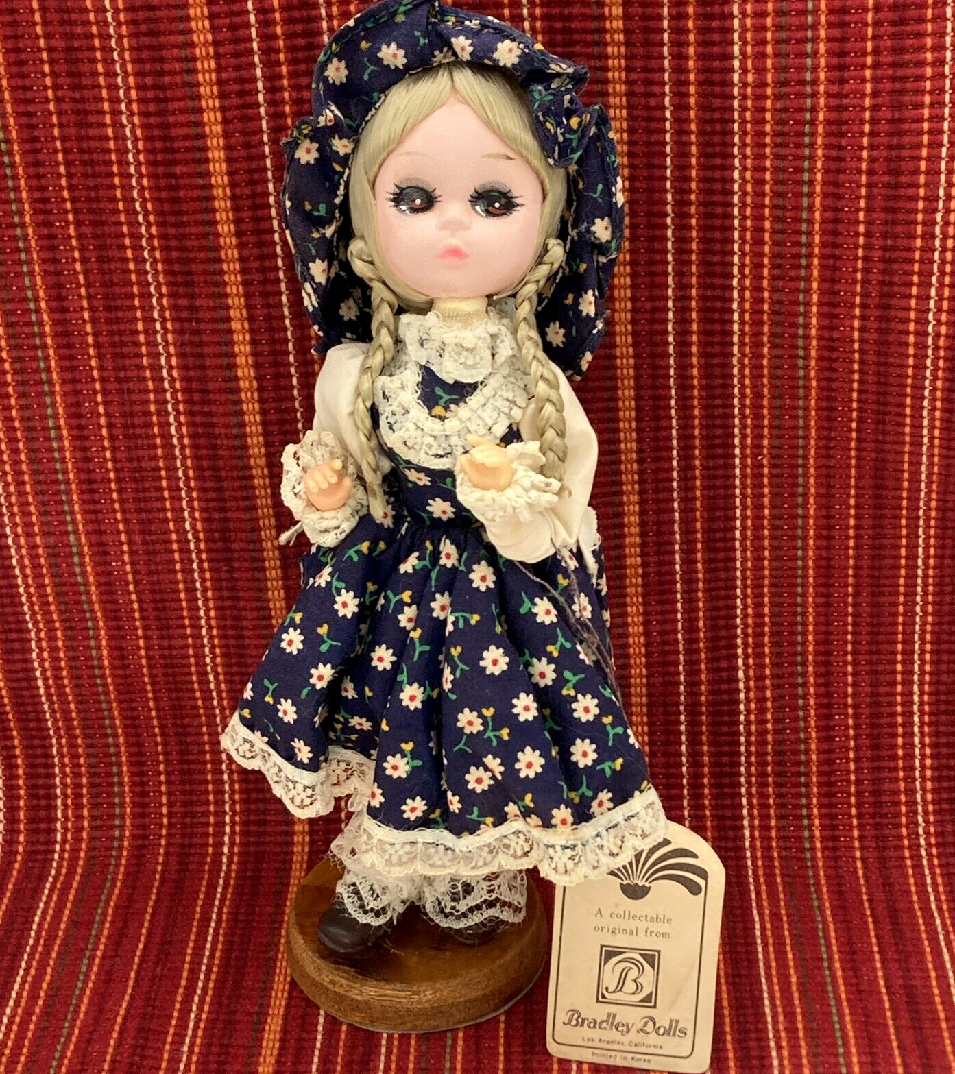 Vintage BRADLEY Big Eye Doll Figure Blue Floral Dress Bonnet Lace Stockings