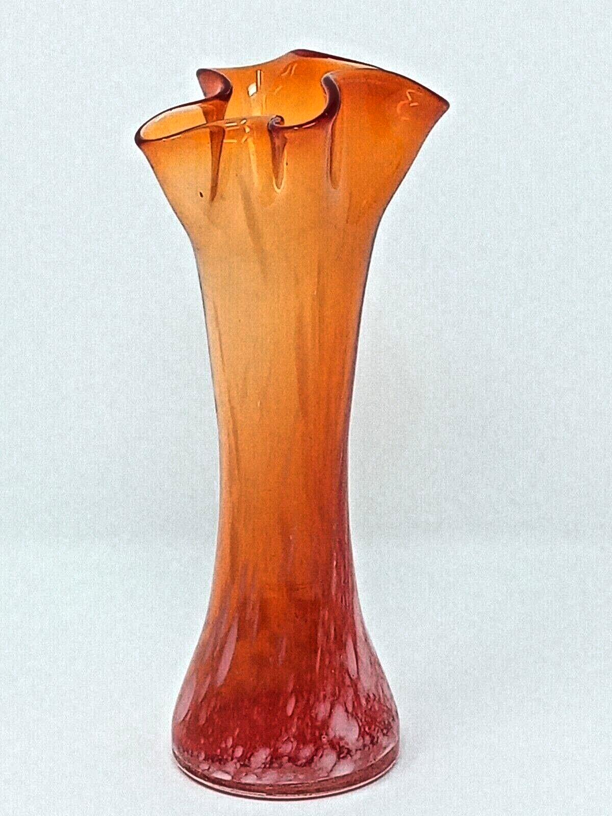 Orange / Red w/ White Glass Vase Pinched Mouth Ruffled Top 6.5 \