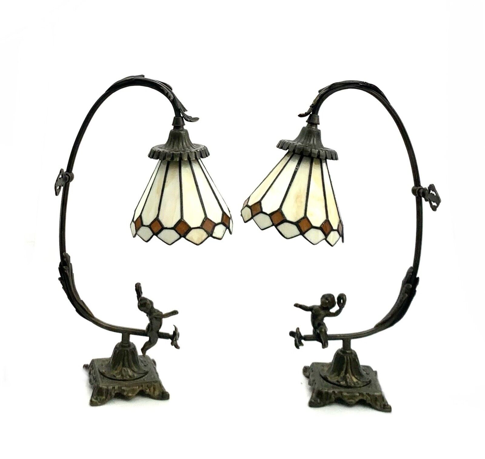 Lamp Cherub Design Metal with Stain Glass Shade Pair Old Vintage Decor