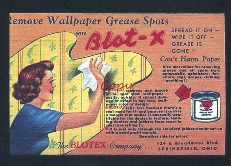 SPRINGFIELD OHIO BLOT-X WALLPAPER CLEANER VINTAGE ADVERTISING POSTCARD COPY