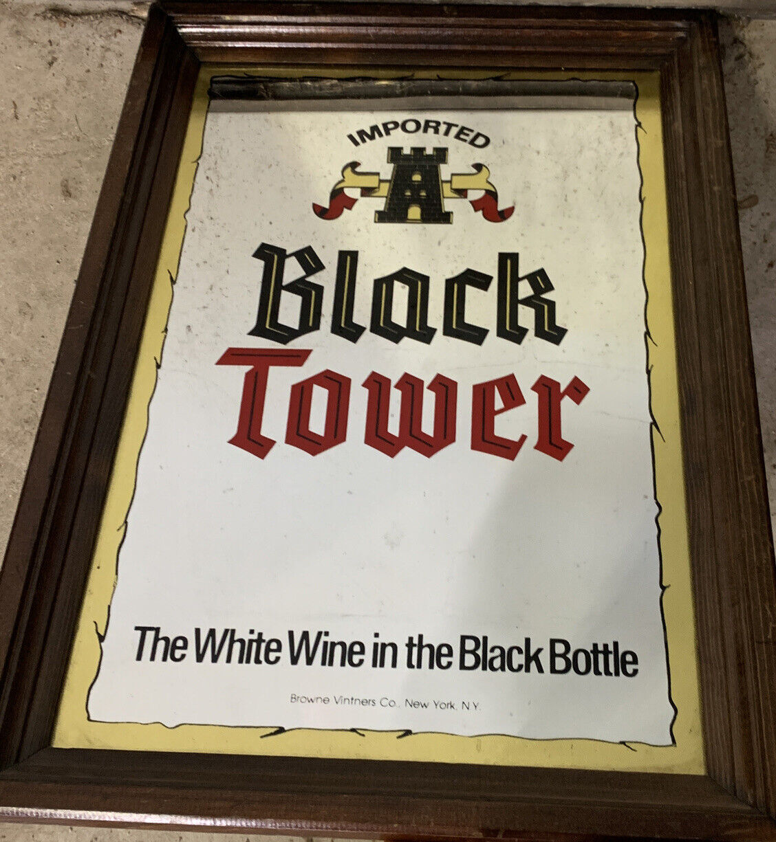 Vintage Imported Black Tower Mirror Sign Wood Framed White Wine In the Bottle
