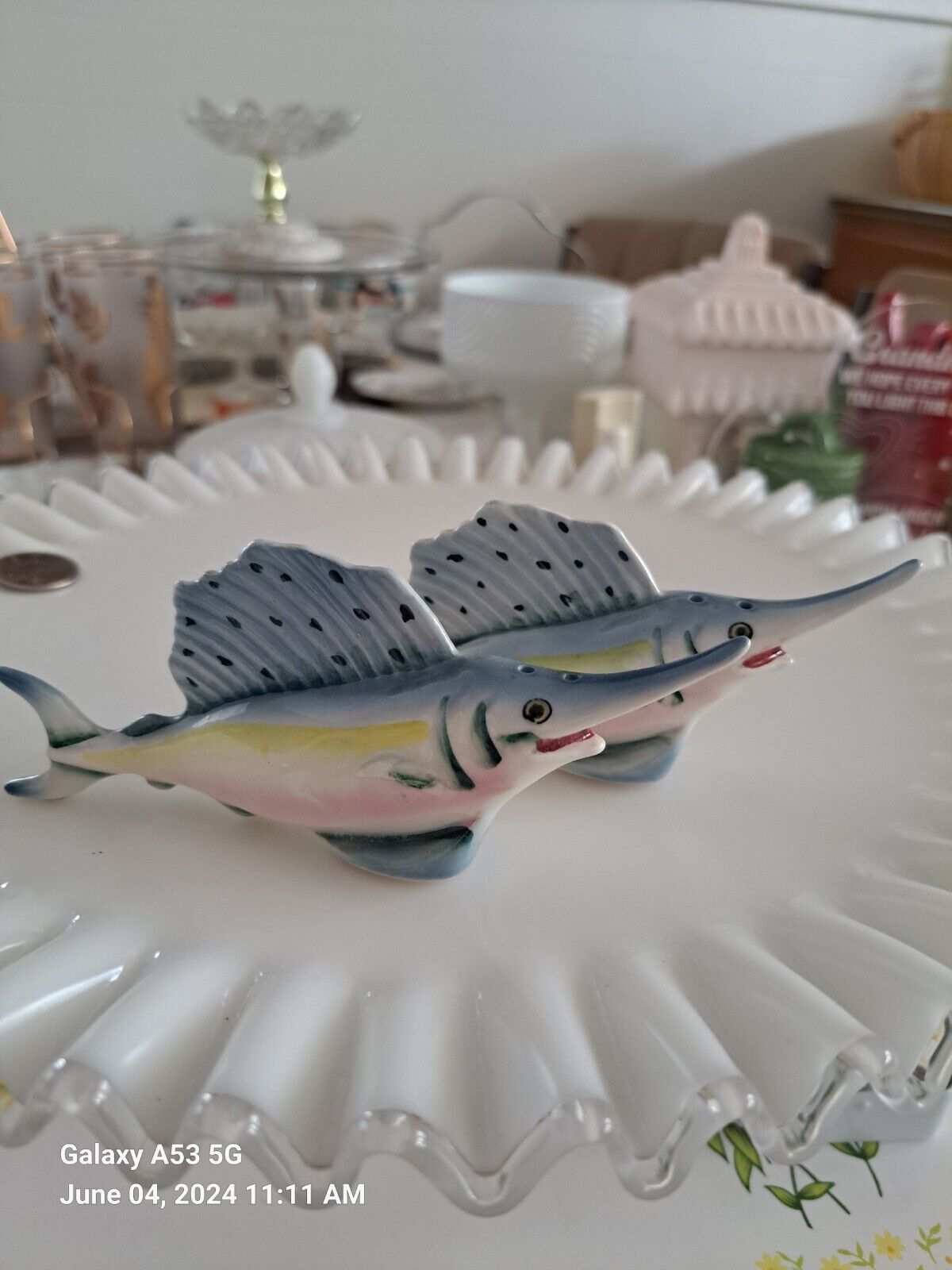 Vintage Porcelain Sailfish swordfish Marlin Salt and pepper Shakers Madein JAPAN