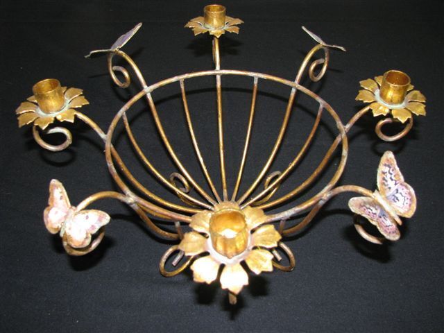 Vintage Gilt Metal Centerpiece Bowl - Candle holders & Handpainted Butterflies
