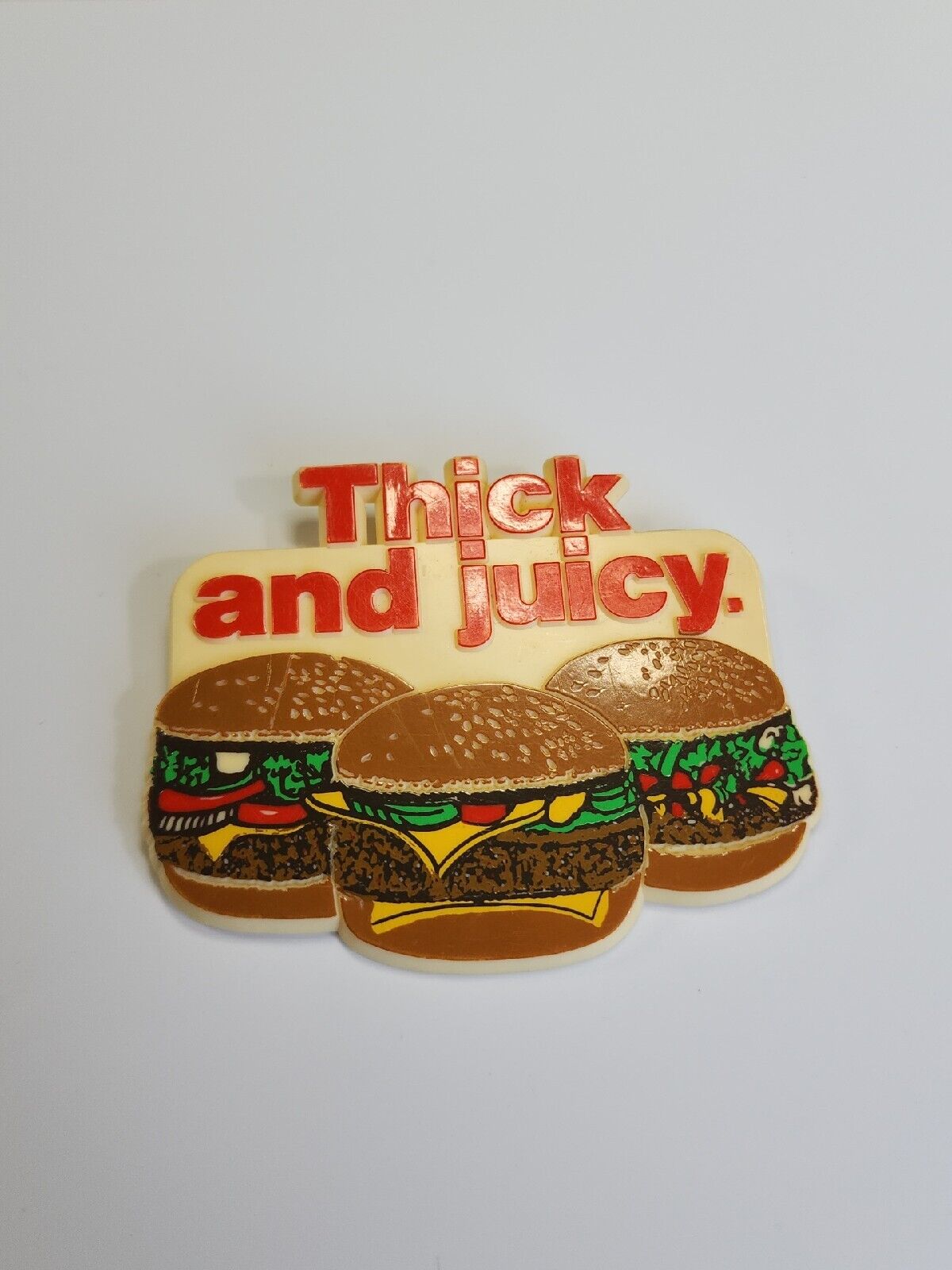 Thick and Juicy Hamburgers Hardee\'s Restaurant Plastic Button Pin Emply Flair