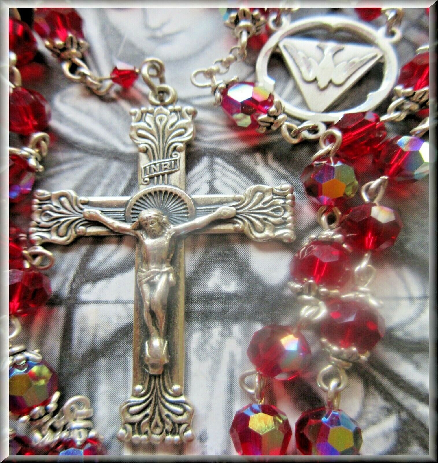 Handmade HOLY SPIRIT Rosary Vintage Swarovski Ruby AB Beads 925 Sterling Silver 