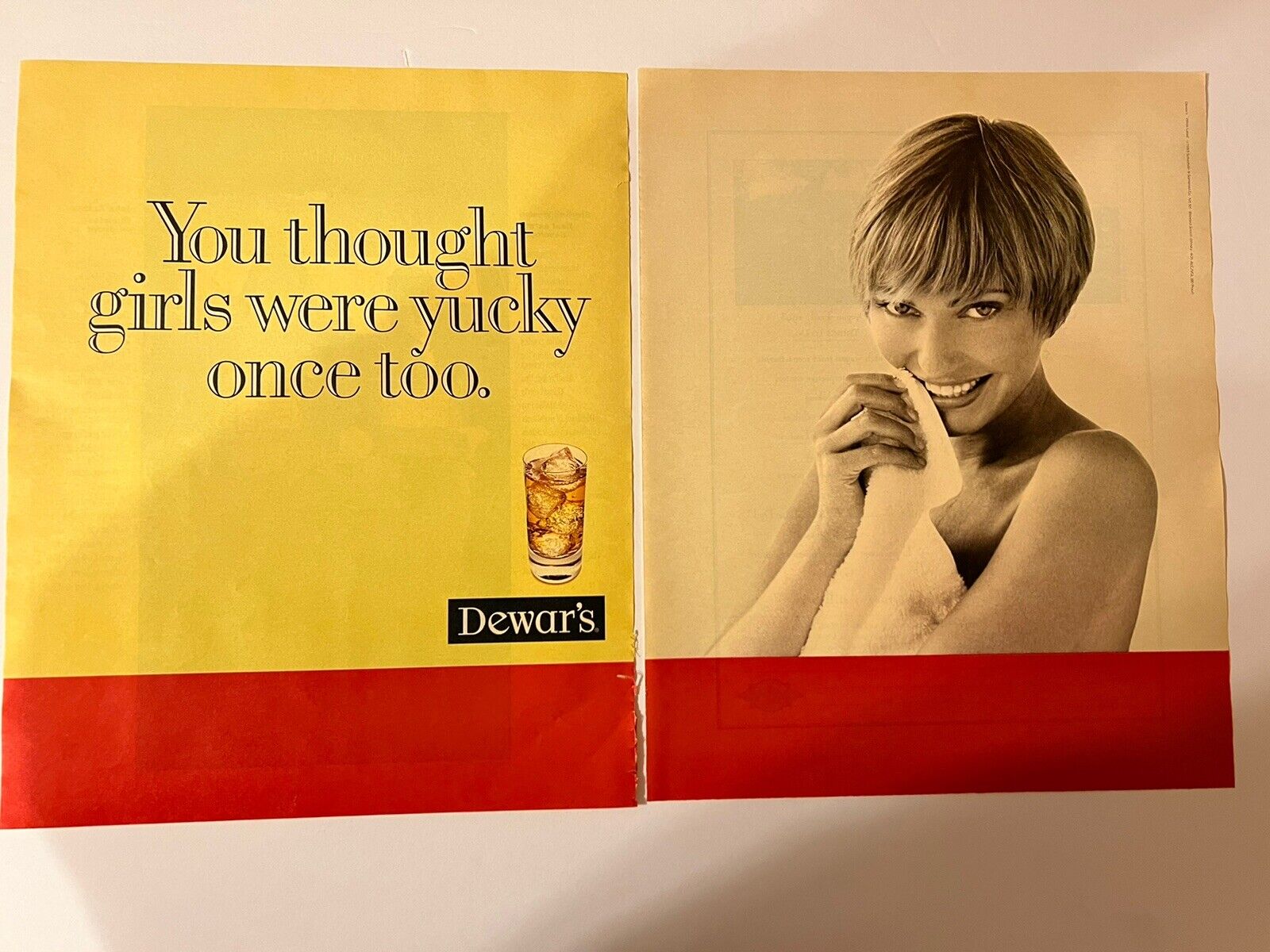 Vtg 1990s Dewar\'s Scotch Whiskey 2-page Ad with Female Model Holding Towel