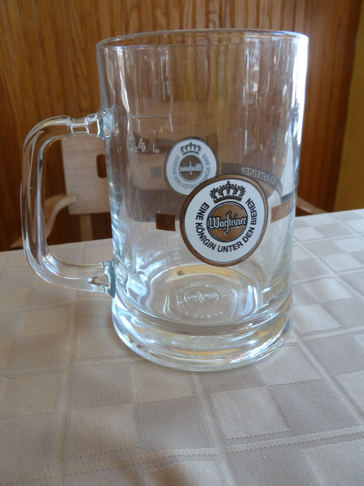 Warsteiner German Beer ~  Glass Beer Mug ~ Gold & White Logo .4L