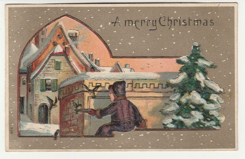 1908 A Merry Christmas Embossed Postcard Boy Feeding Pigeons Antique