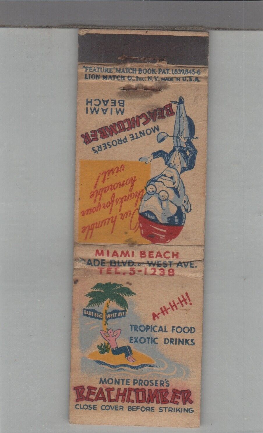 Matchbook Cover - Monte Proser\'s Beachcomber Night Club Miami Beach, FL