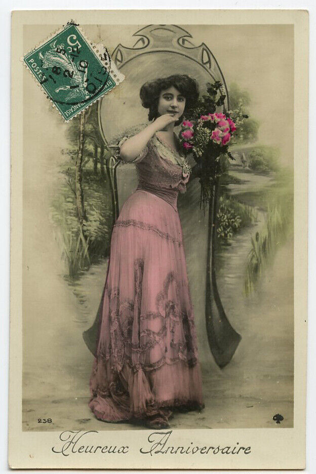 c 1910 BEAUTIFUL YOUNG LADY Fashion Art Nouveau tinted French photo postcard