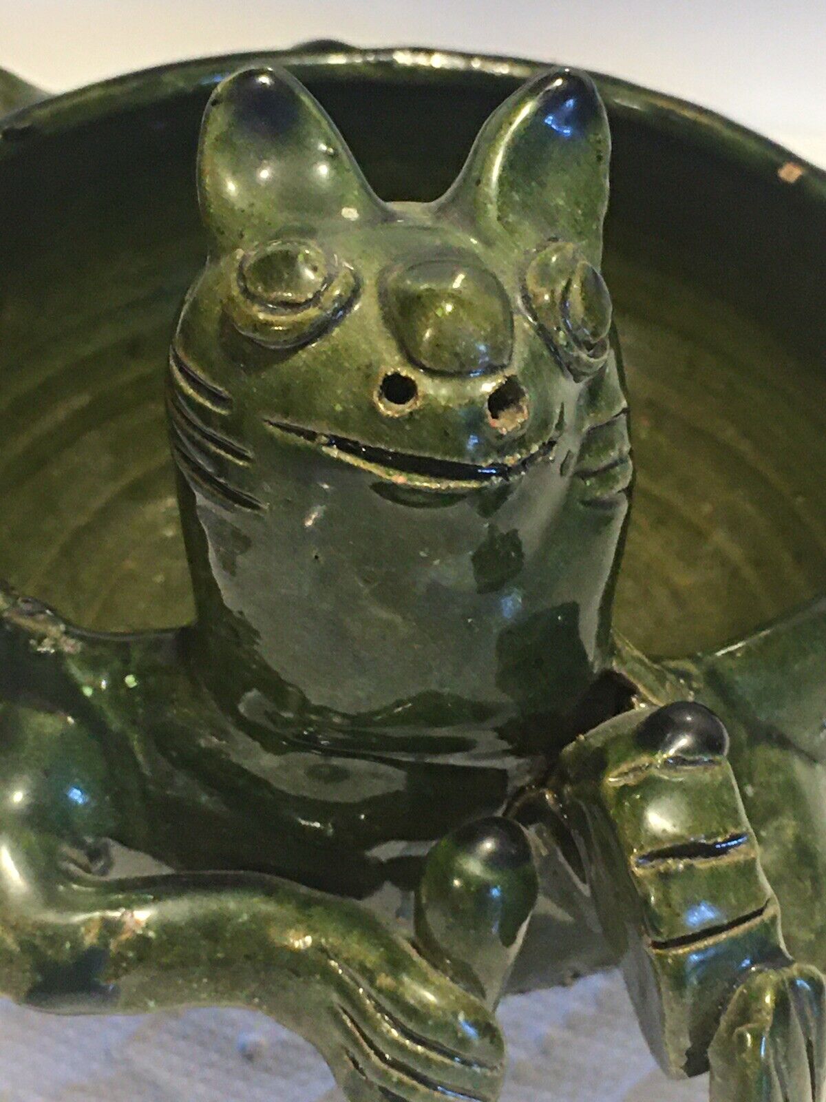 Vintage Oaxaca Folk Art Cat with Tambourine Clay Pottery Bowl Hand Made