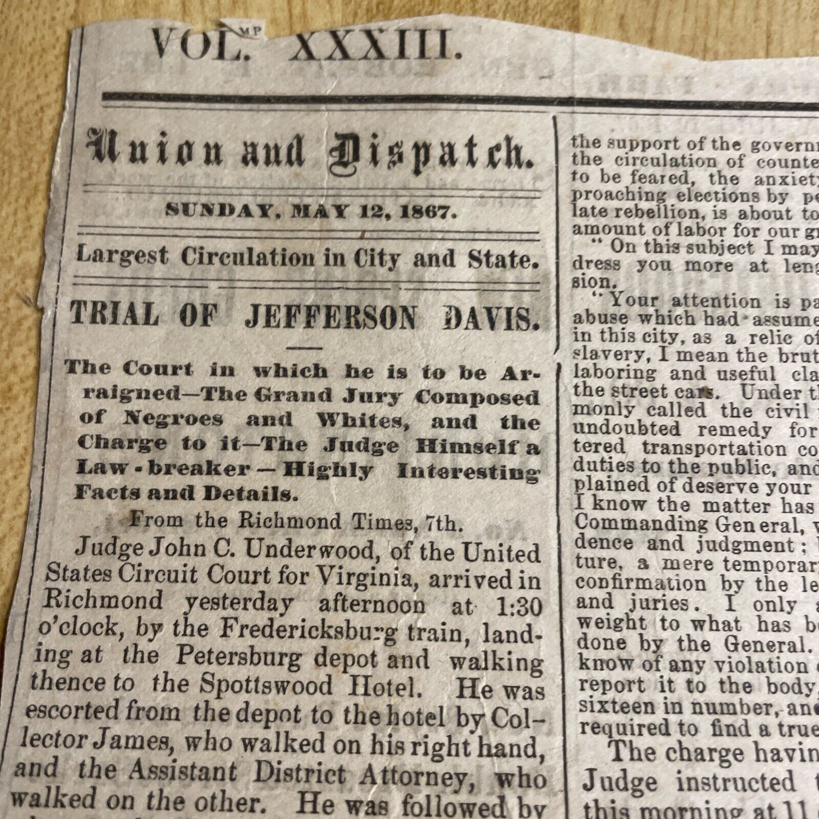 1867 Post-Civil War newspaper Clip Nashville Trial Of Jefferson Davis Article