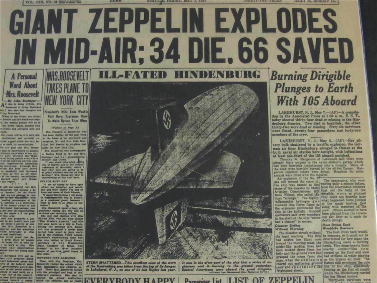 VINTAGE NEWSPAPER HEADLINES ~ HINDENBURG ZEPPELIN CRASH EXPLODES DISASTER  1937