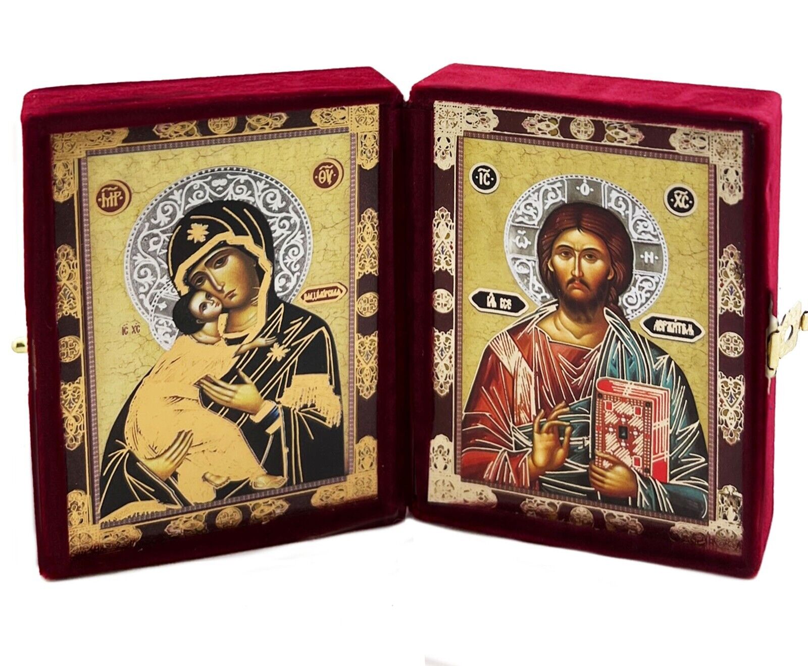 Christ Madonna and Child Orthodox Catholic Icon Diptych Byzantine Icons Velvet