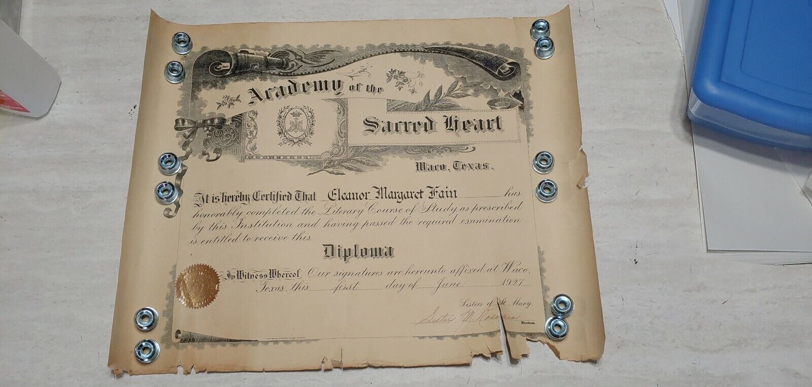 Vintage 1927 Diploma From Academy Of The Sacred Heart Waco Texas