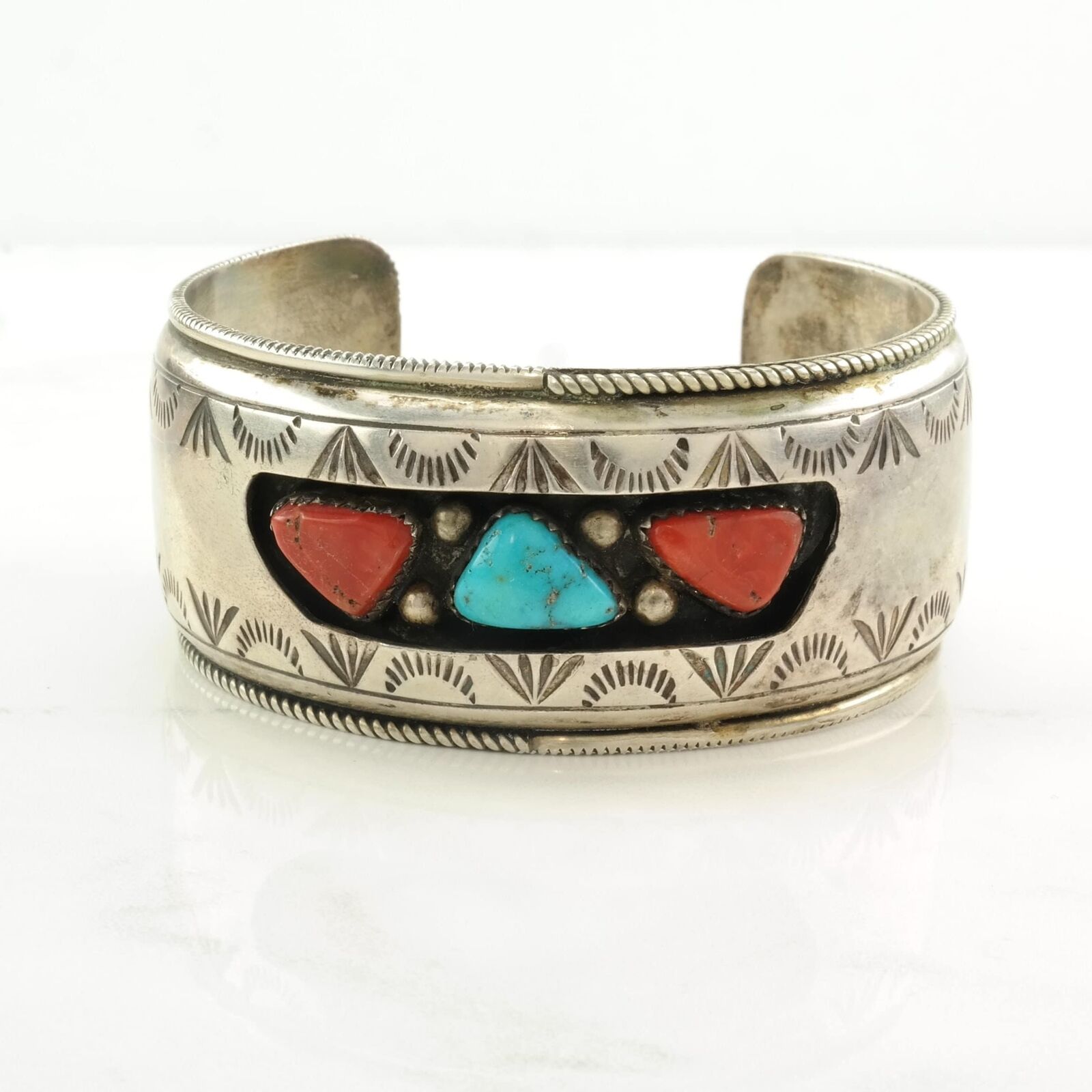 Native American Sterling Silver Cuff Bracelet Turquoise, Coral, Shadowbox