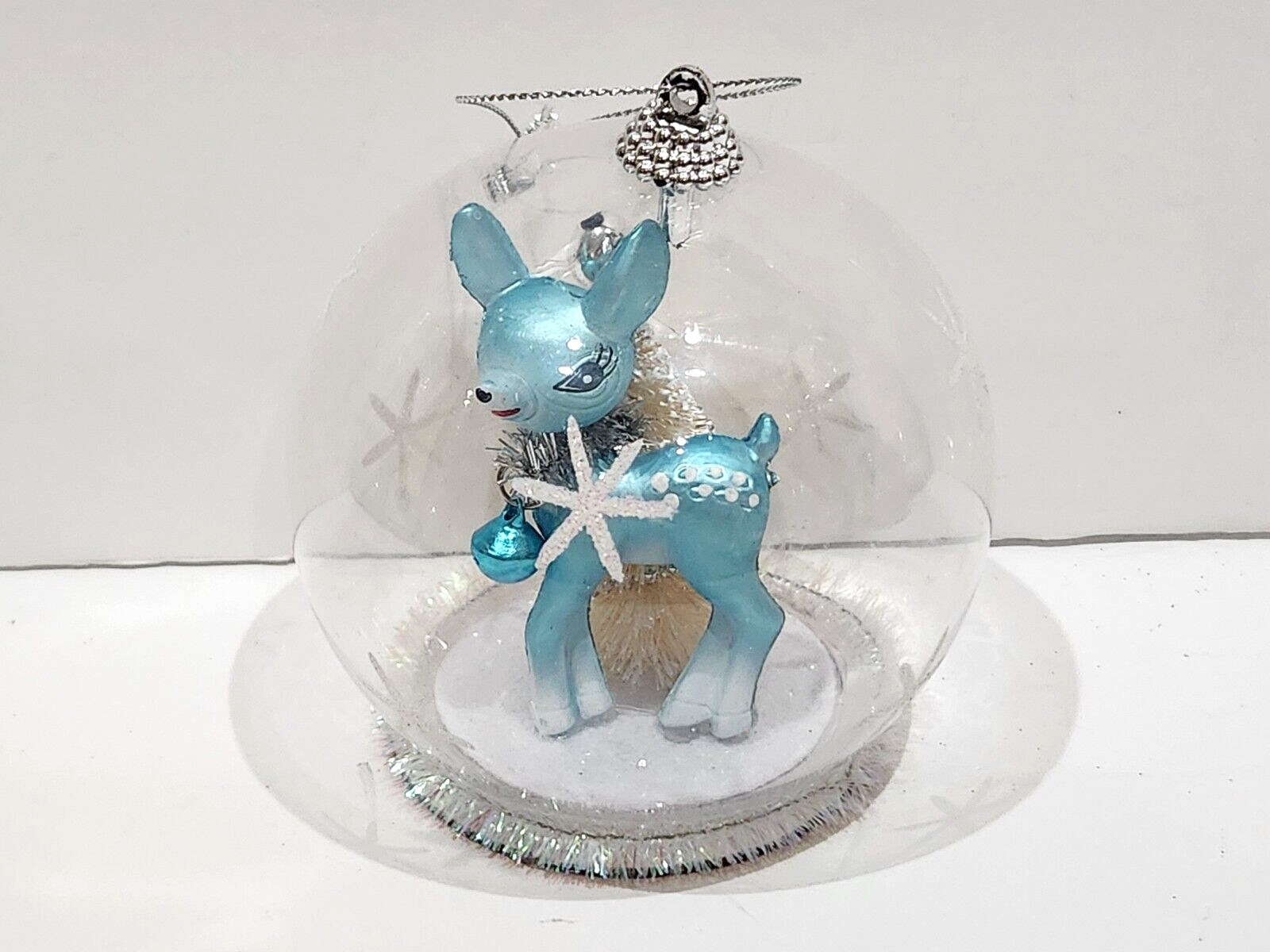 Holiday Christmas Retro Blue Baby Deer Inside Clear Ball Ornament Tree Decor