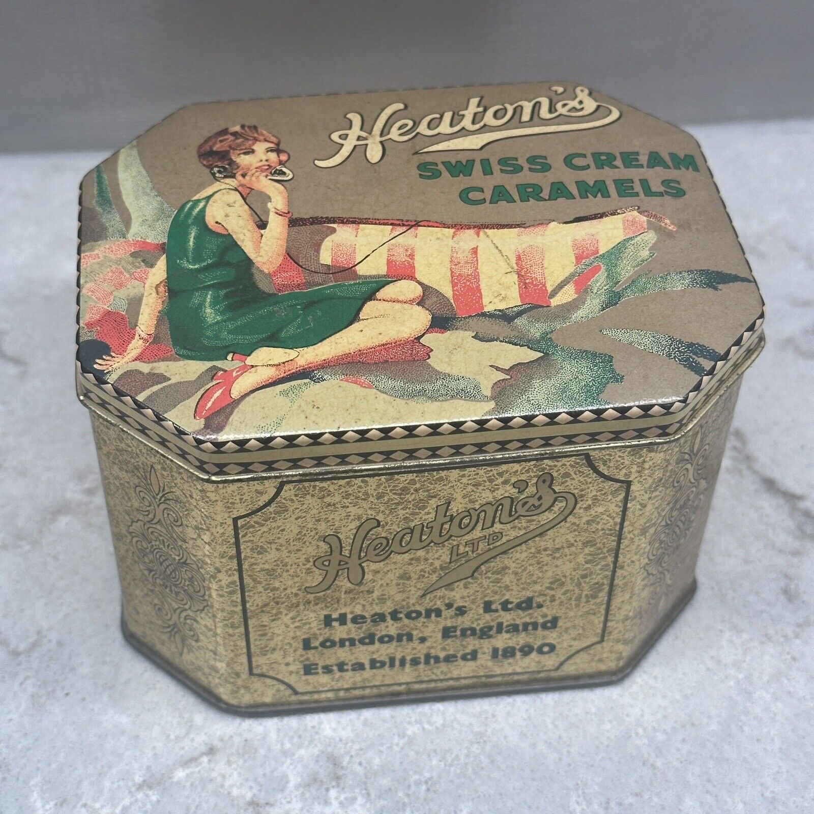 Vintage Brass Tin Heaton’s Swiss Cream Caramels 1890 England