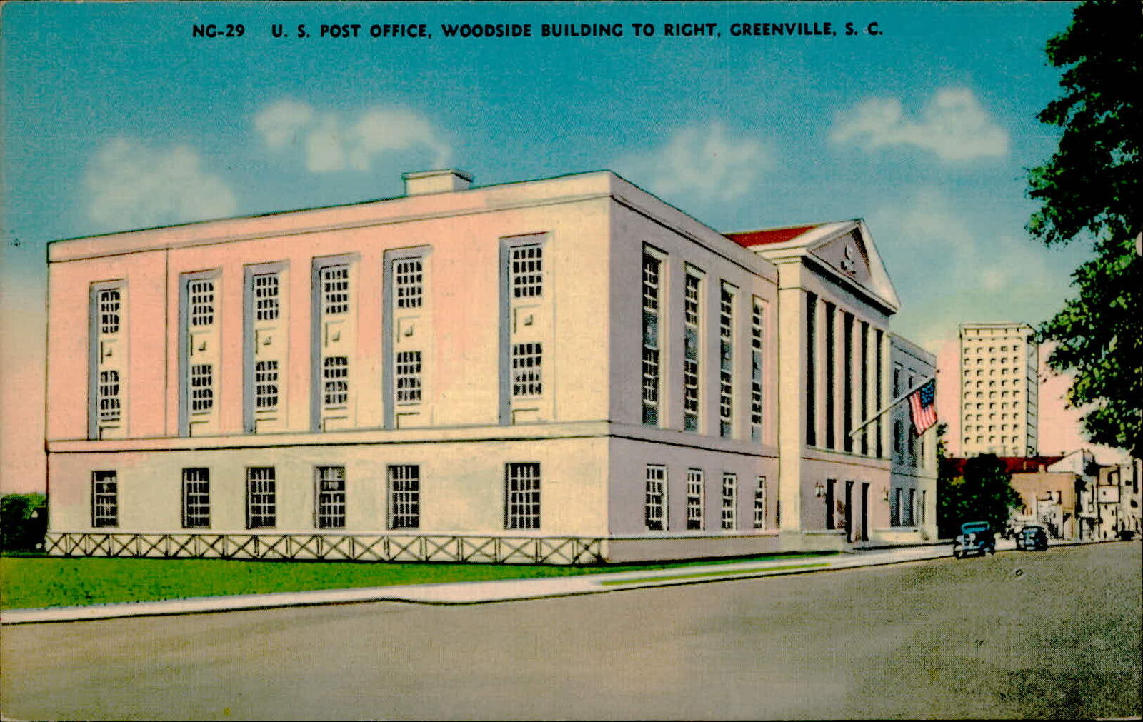 Postcard: U.S. POST OFFICE, WOODSIDE BUILDING TO RIGHT, GREENVIL