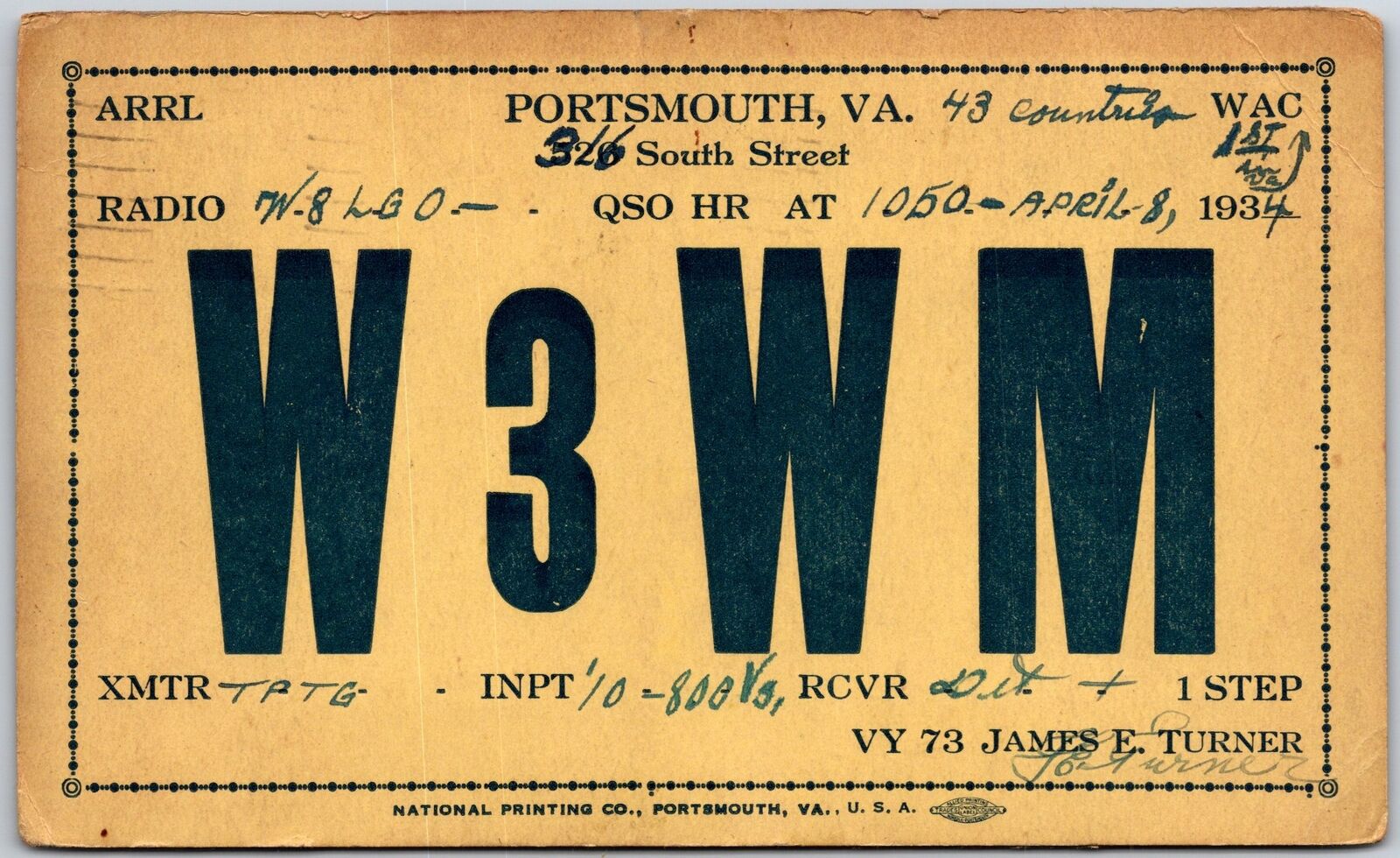 1934 QSL Radio Card Code W3WM Portsmouth VA Amateur Station Posted Postcard