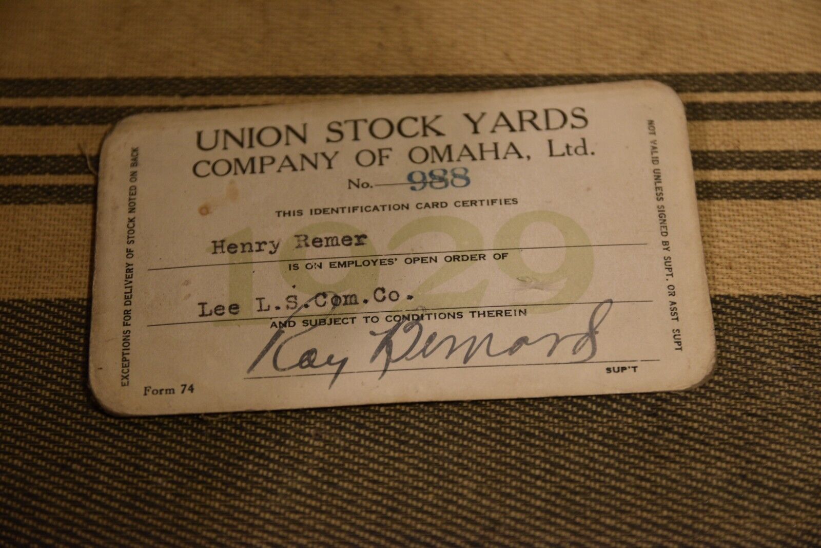 1929 UNION STOCK YARDS Company Omaha NEBRASKA Employee Identification Card