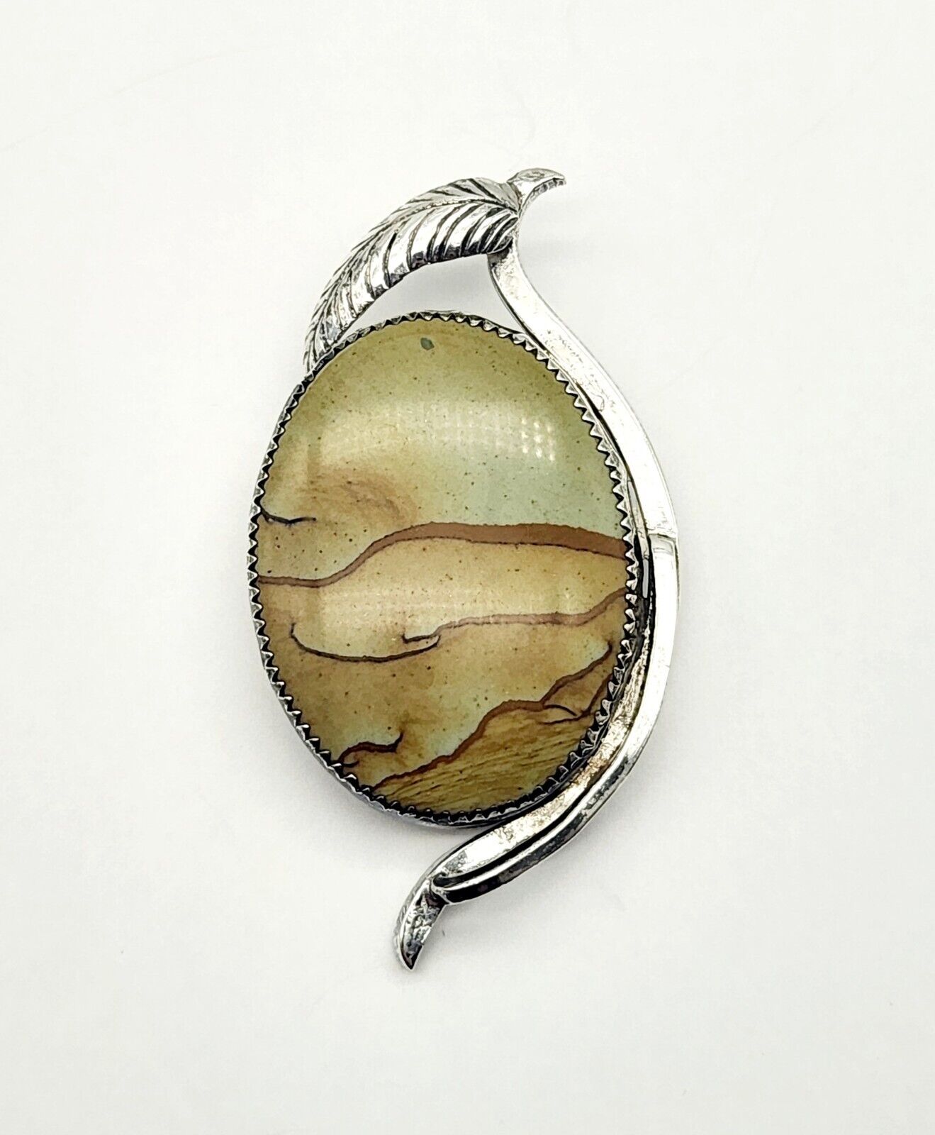 VTG NAVAJO STERLING SILVER & PICTURE JASPER INLAY LEAF PENDANT NATIVE OLD PAWN
