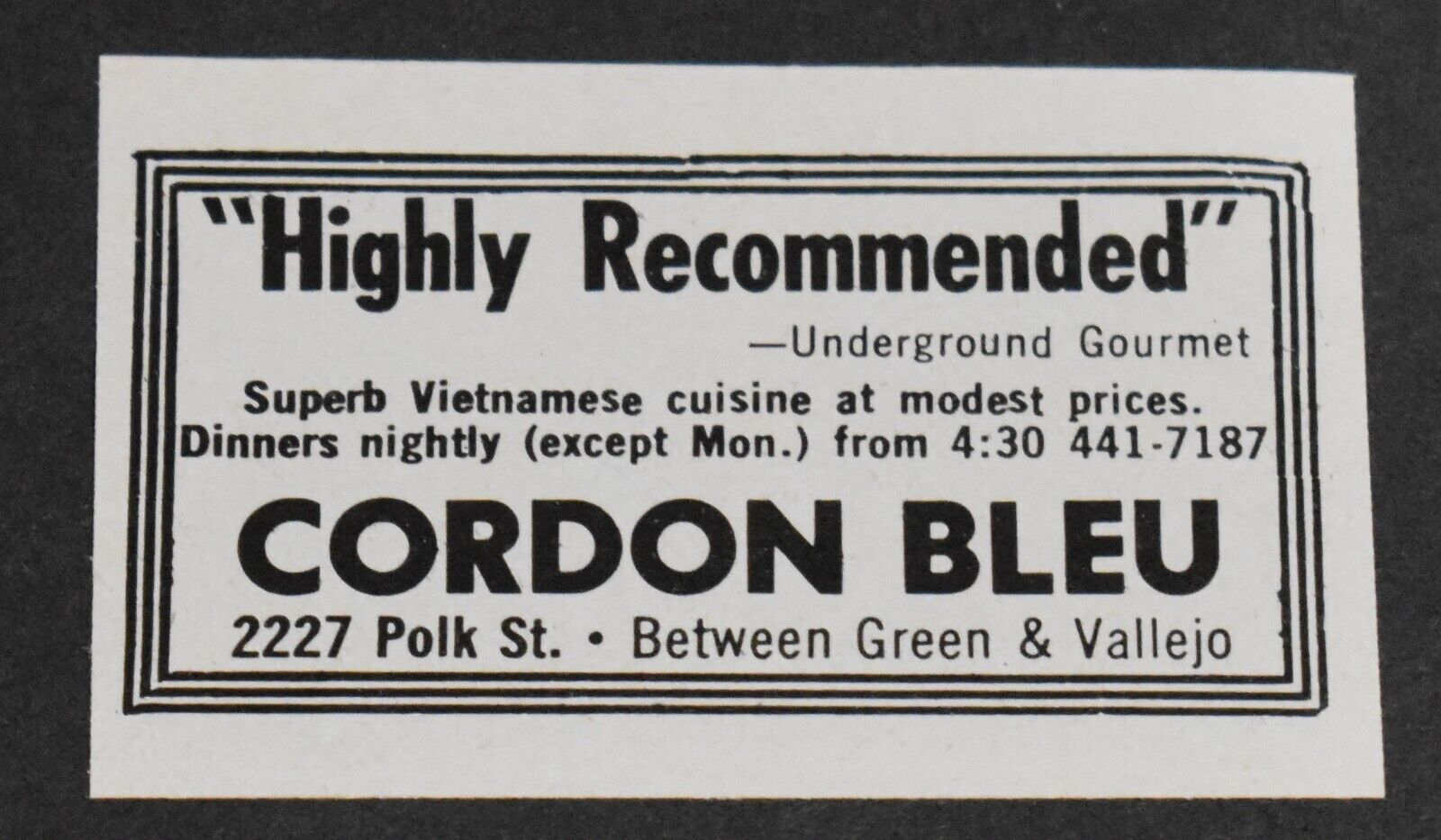 1979 Print Ad San Francisco Cordon Bleu Restaurant Green & Vallejo 2277 Polk St
