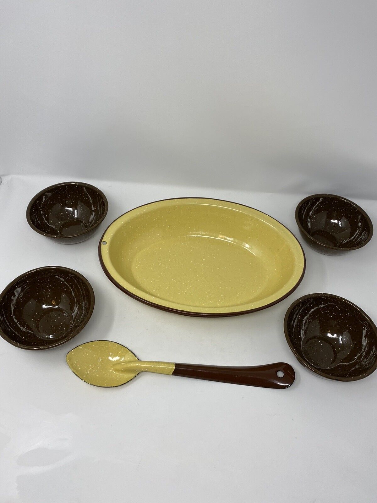 Vintage Granite ware speckled yellow brown metal serving dish large spoon bowl