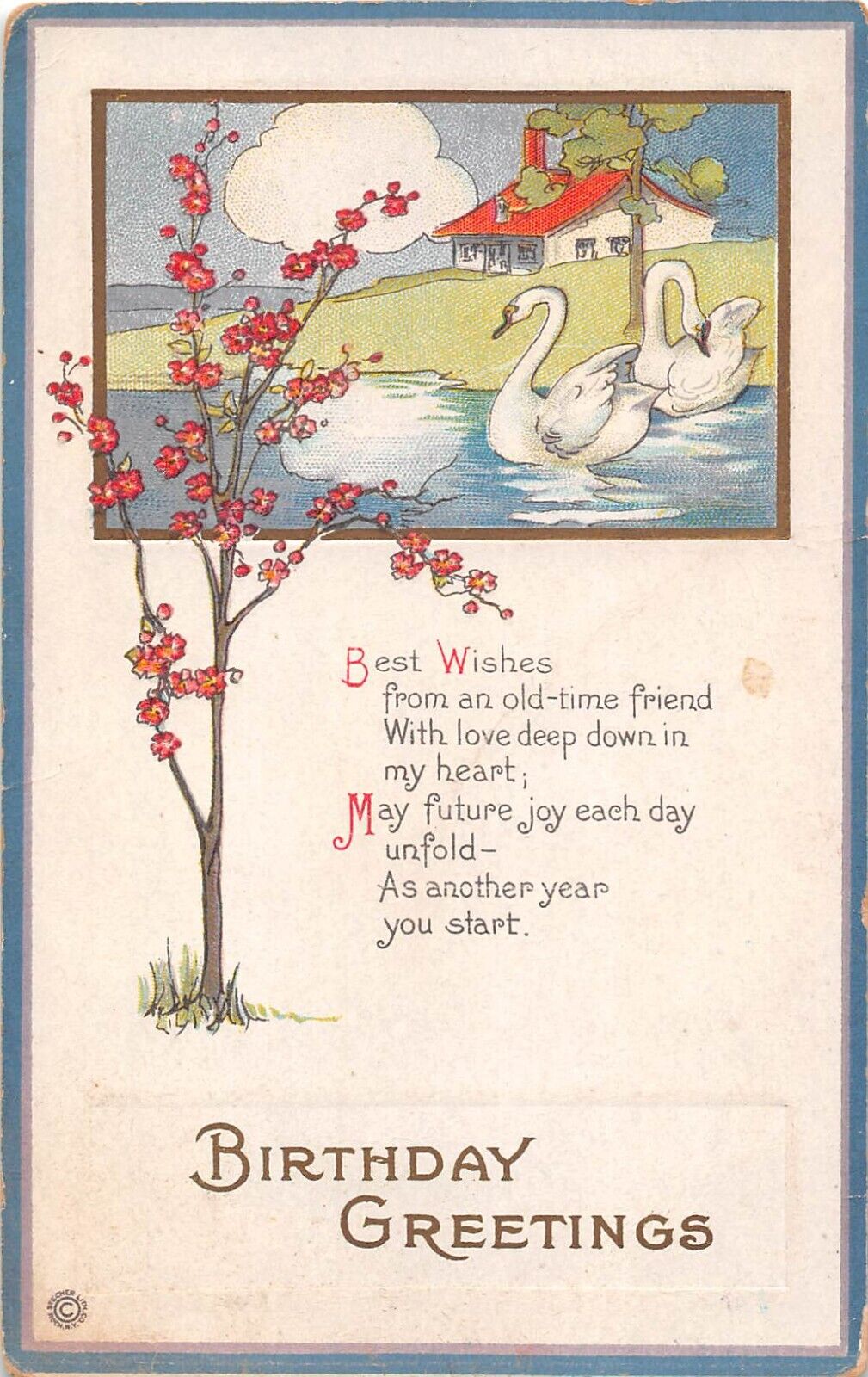 Swans Swimming on River Near a Home-Old Stecher Art Deco Birthday PC-Series 532A