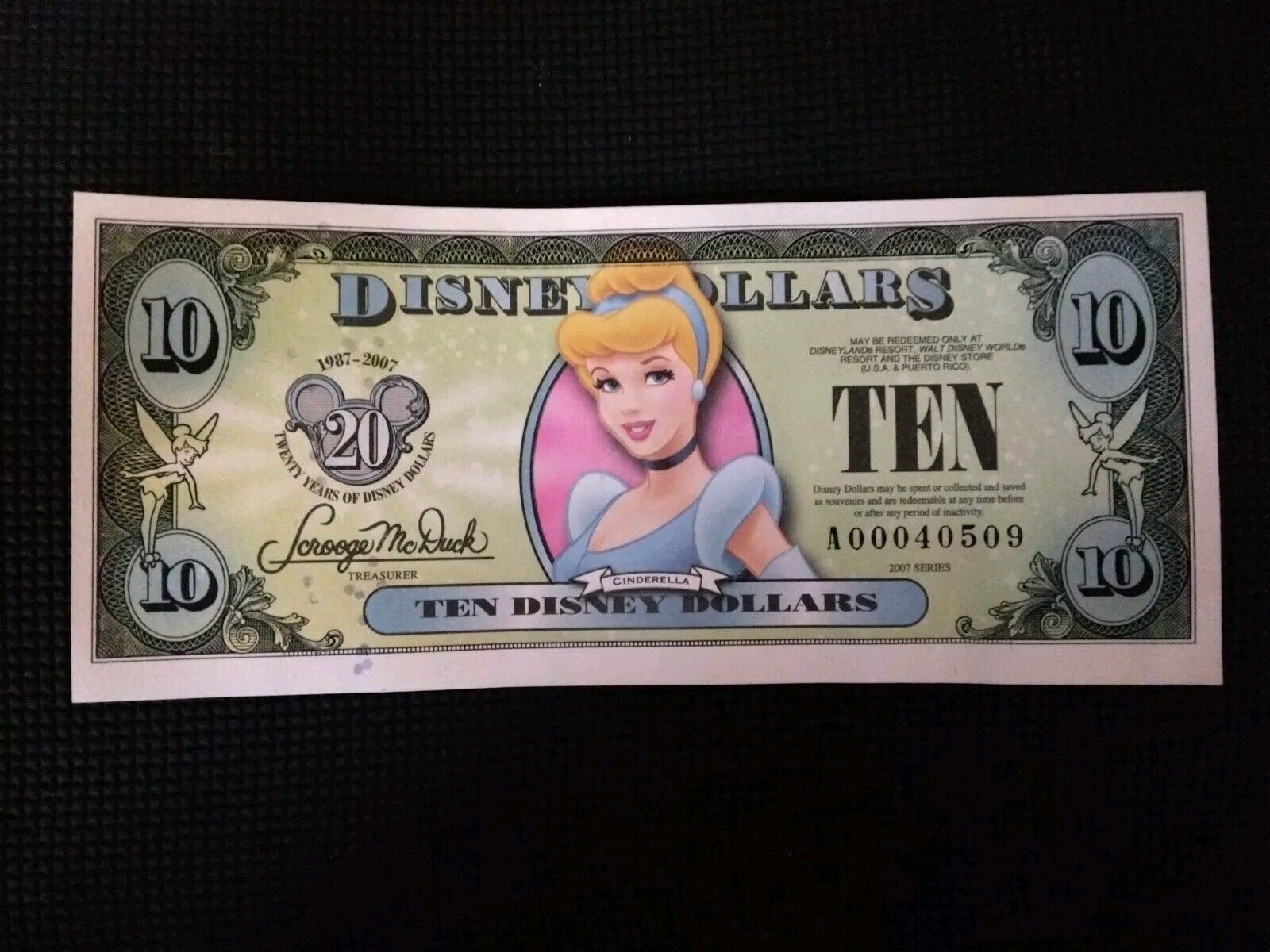 2007 Series T $10.00 20th Anniversary CINDERELLA Disney Dollar NEW #1