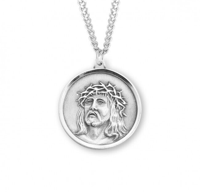 Sterling Silver Christ in Agony Round Medal 0.9 In x 0.8 In Rhodium Plated Chain