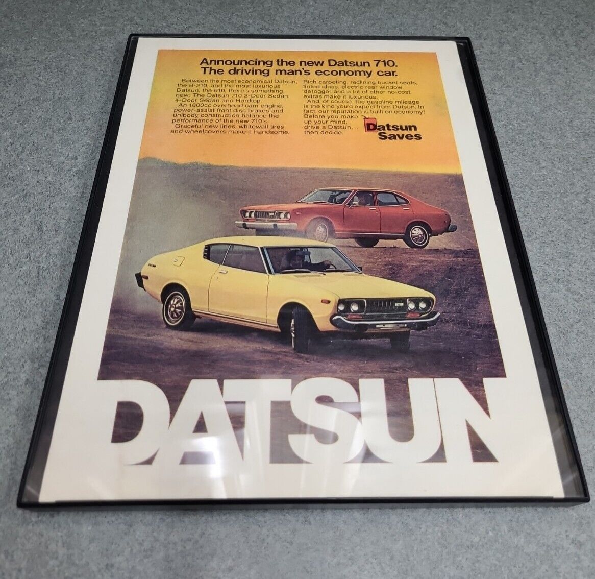 1974 Datsun 710 Vintage Driving Man\'s Economy Car Print Ad 8.5 x 11\