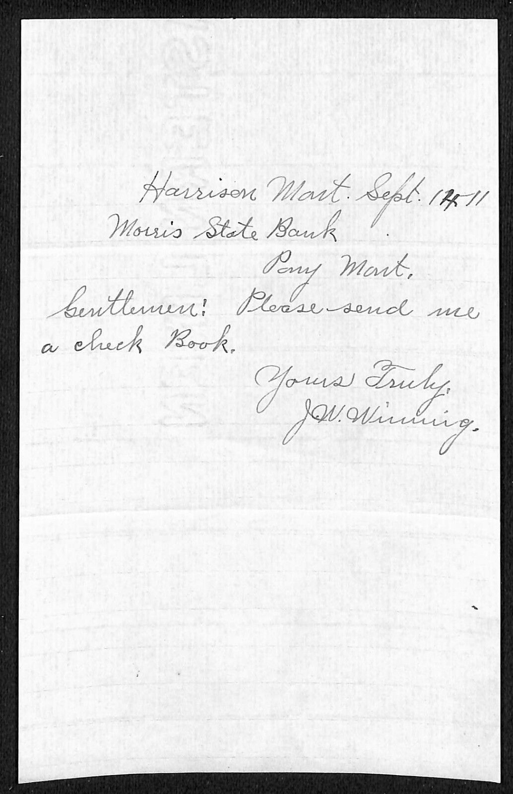 Pony, MT 1911 Morris State Bank Hand Written Note \