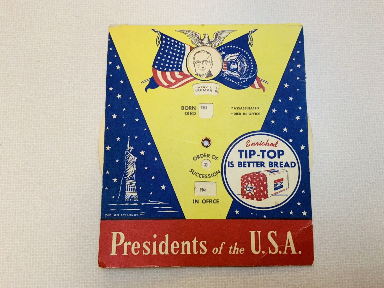 Vintage Presidents of the USA Advertising Tip Top Bread Promotional 1951 USA