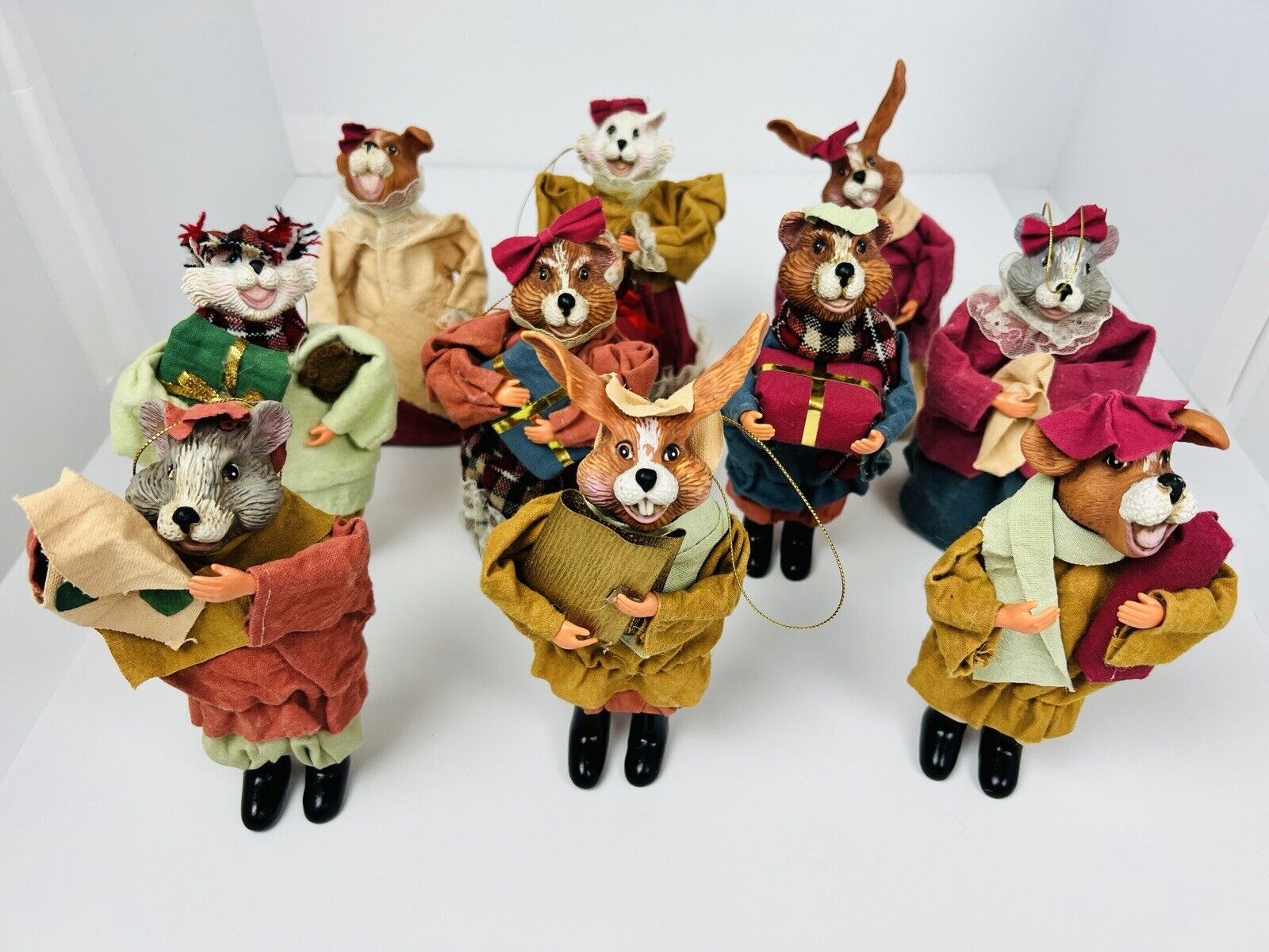 Lot of 10 Vintage ROC Animal Felt Carolers Ornaments Story Book Plastic Heads