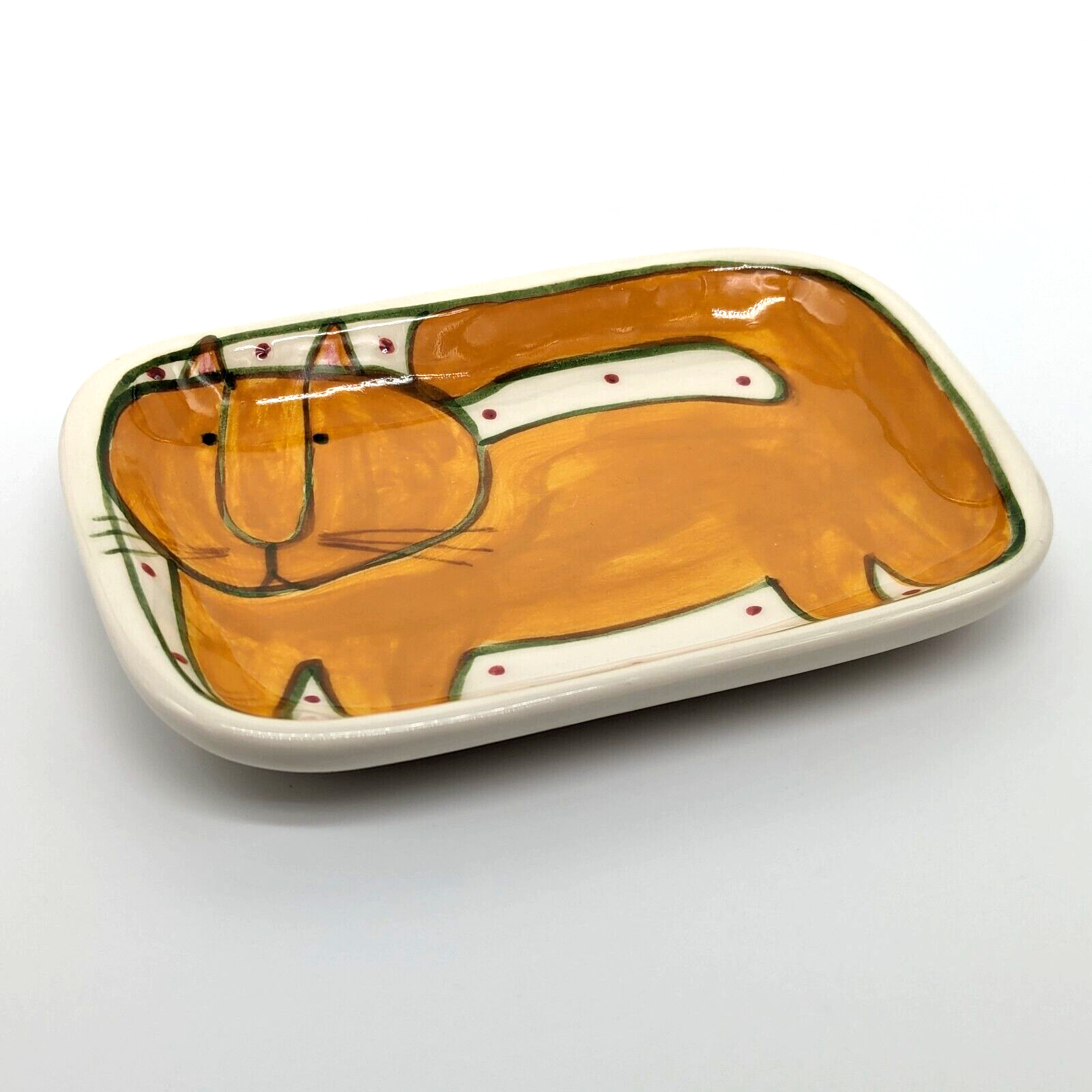 Whimsical Orange Cat Trinket Dish Tray Catch All Polka Dots Signed VTG