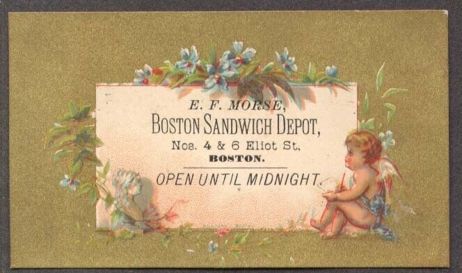 E F Morse Boston Sandwich Depot trade card cherub