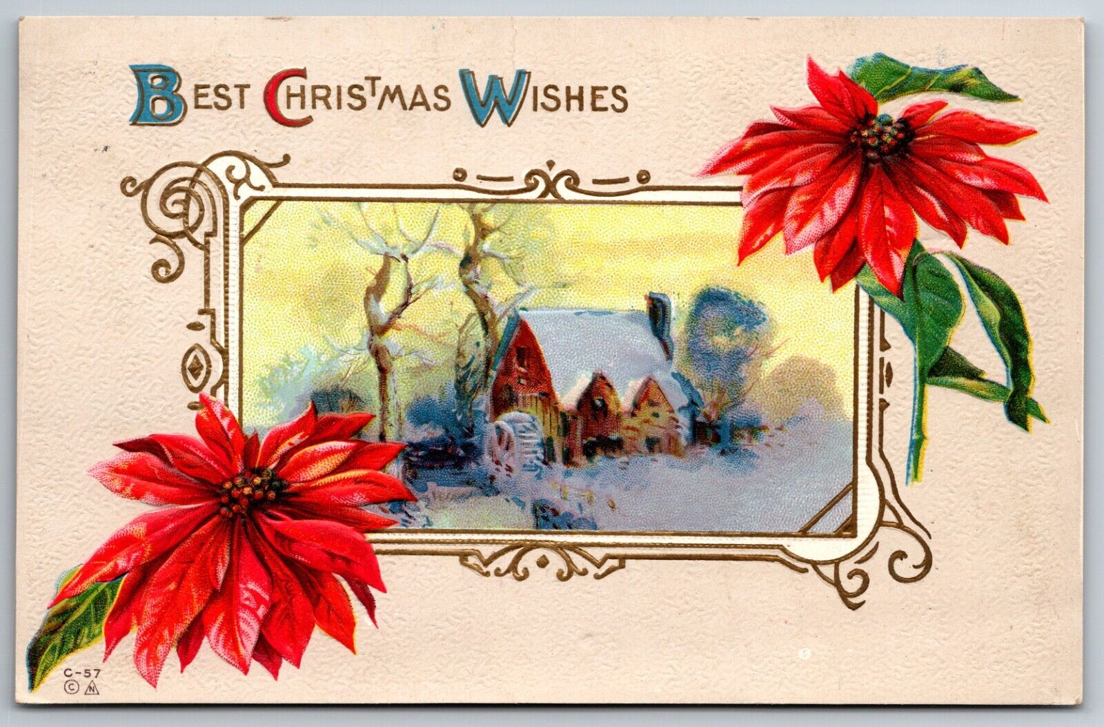Best Christmas Wishes Embossed Poinsettia Mill 1913 Prescott Wisconsin  Postcard