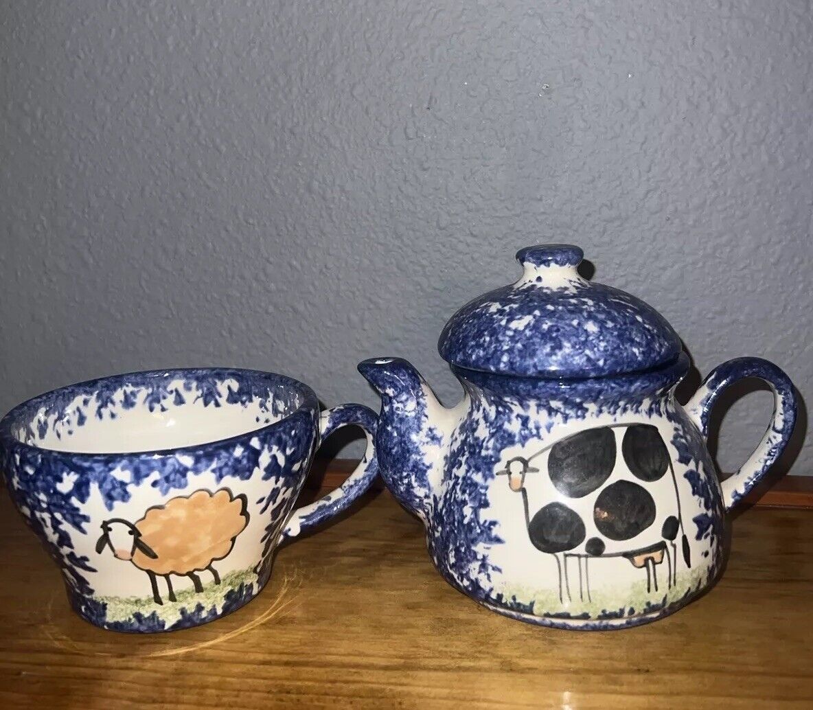 Molly Dallas Blue Spatterware Teapot And Cup Sheep & Cow Blue Ceramic Coffee Pot