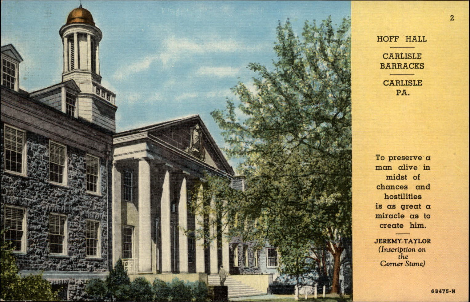 Hoff Hall Carlisle Barracks Carlisle Pennsylvania ~ 1940s linen postcard