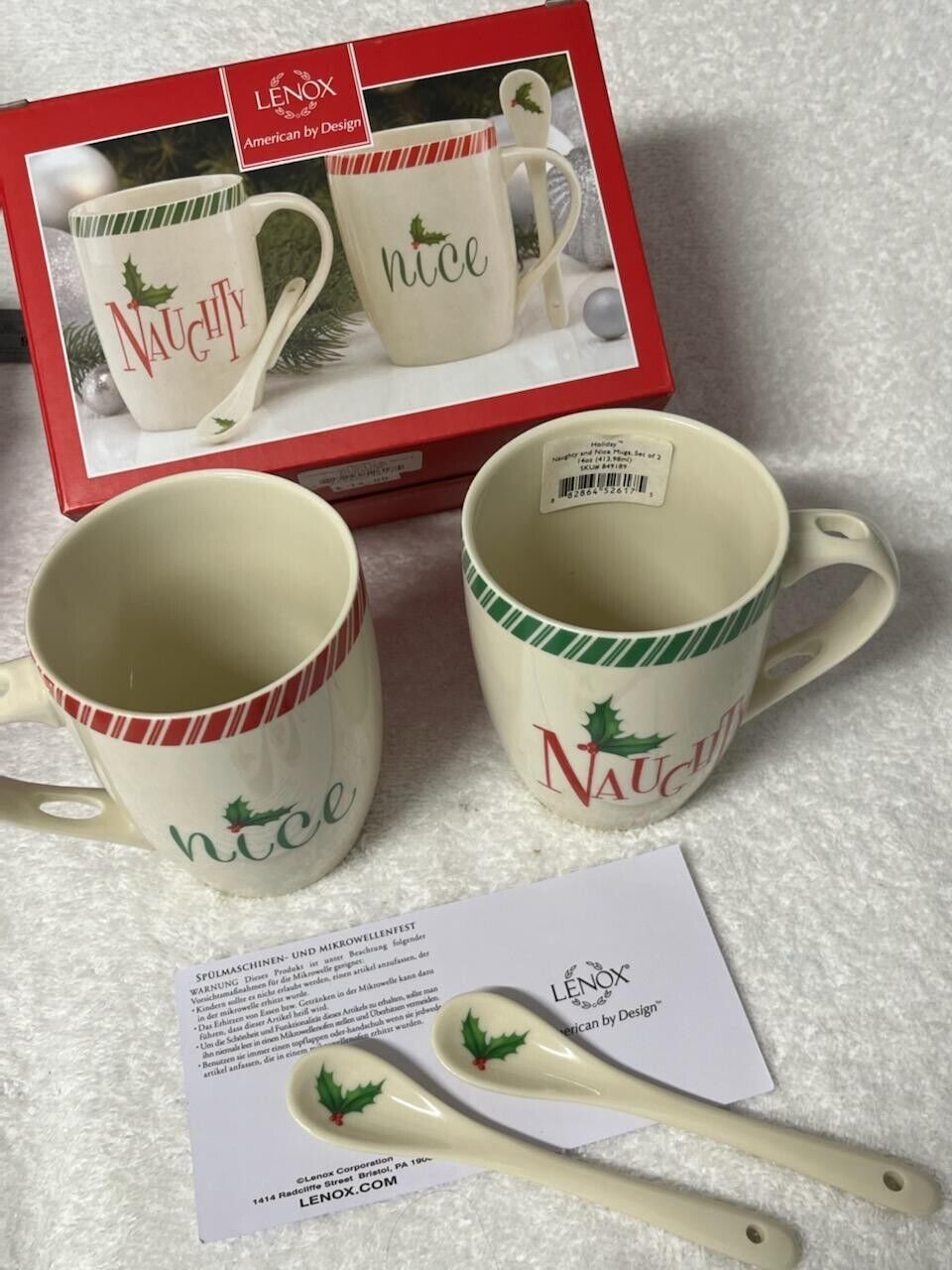 Pair of Lenox Holiday Christmas Naughty Nice Ceramic Mugs w/ Ceramic Spoons-14oz