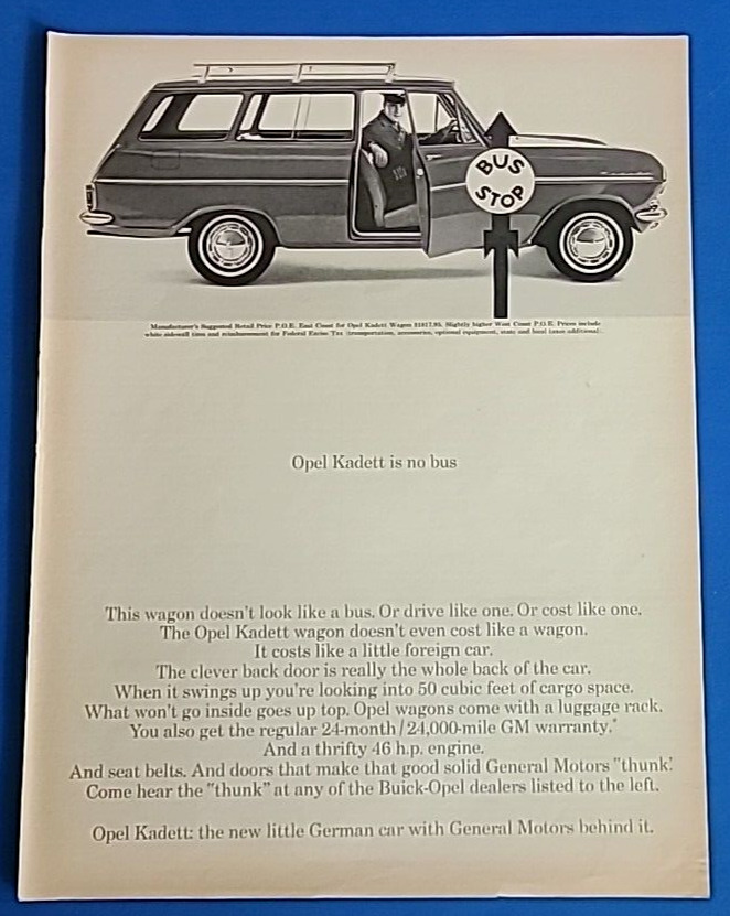 1964 Opel Kadett Wagon Opel Kadett is no bus Vintage 1960\'s Magazine Print Ad