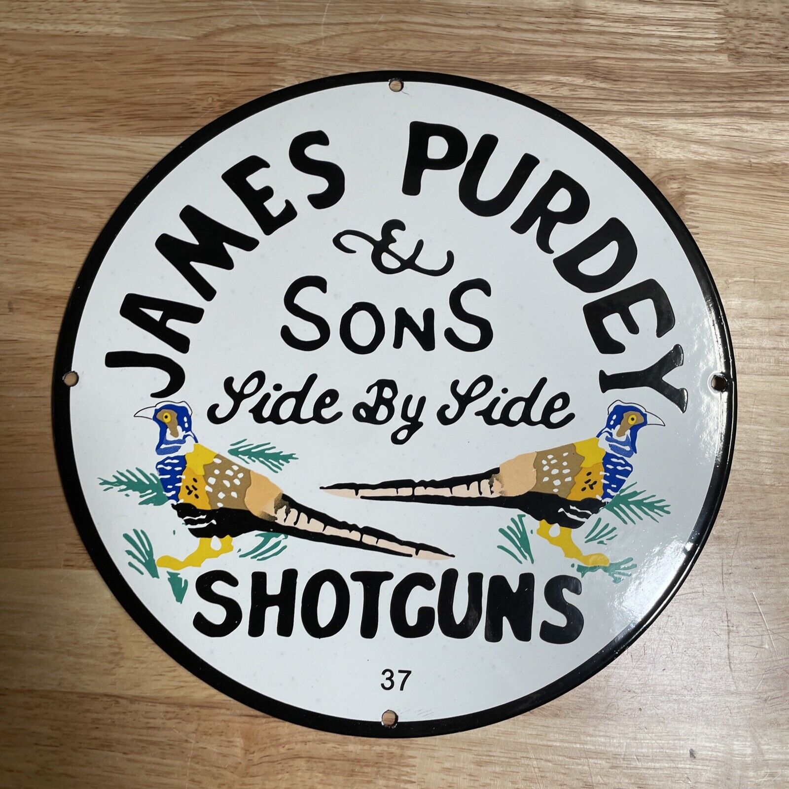 VINTAGE JAMES PURDEY & SONS SHOTGUNS METAL PORCELAIN SIGN, GAS PUMP GUNS PISTOL+