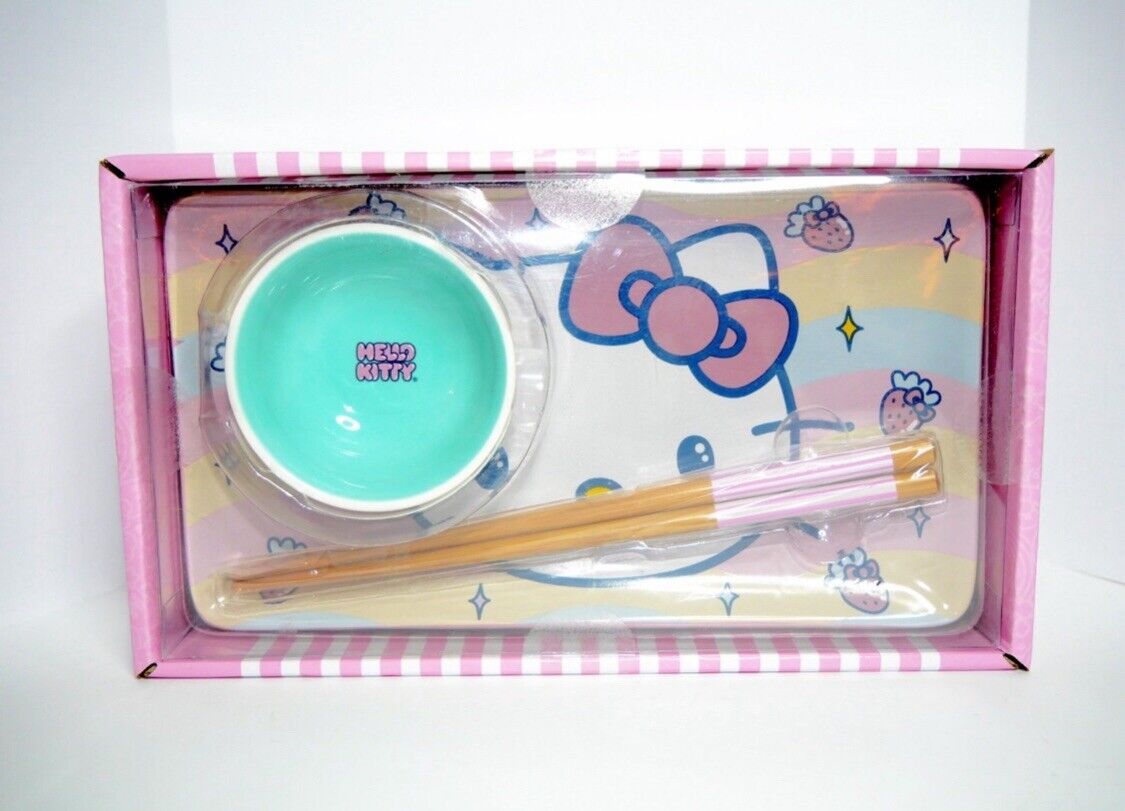3-PIECE NIB HELLO KITTY CERAMIC SUSHI PLATE WITH SOY SAUCE BOWL AND CHOPSTICKS