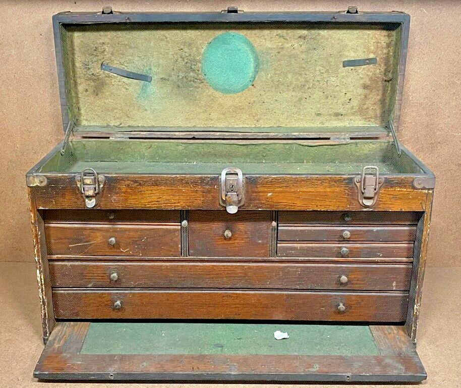 Vintage Wood Machinist Chest Tool Box Antique Felt 8 Drawers 26”x 15” x 9 1/2”
