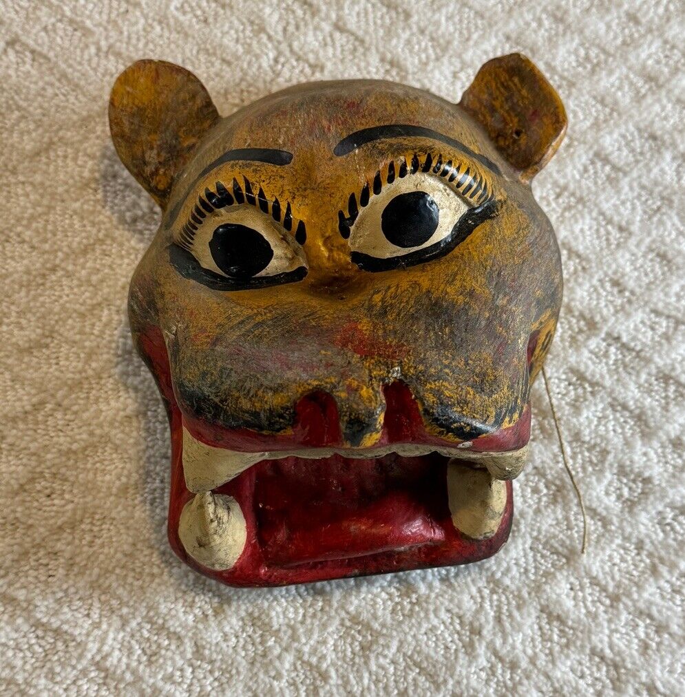Native Carved Wood Painted Antique Tiger Jaguar Face Mask