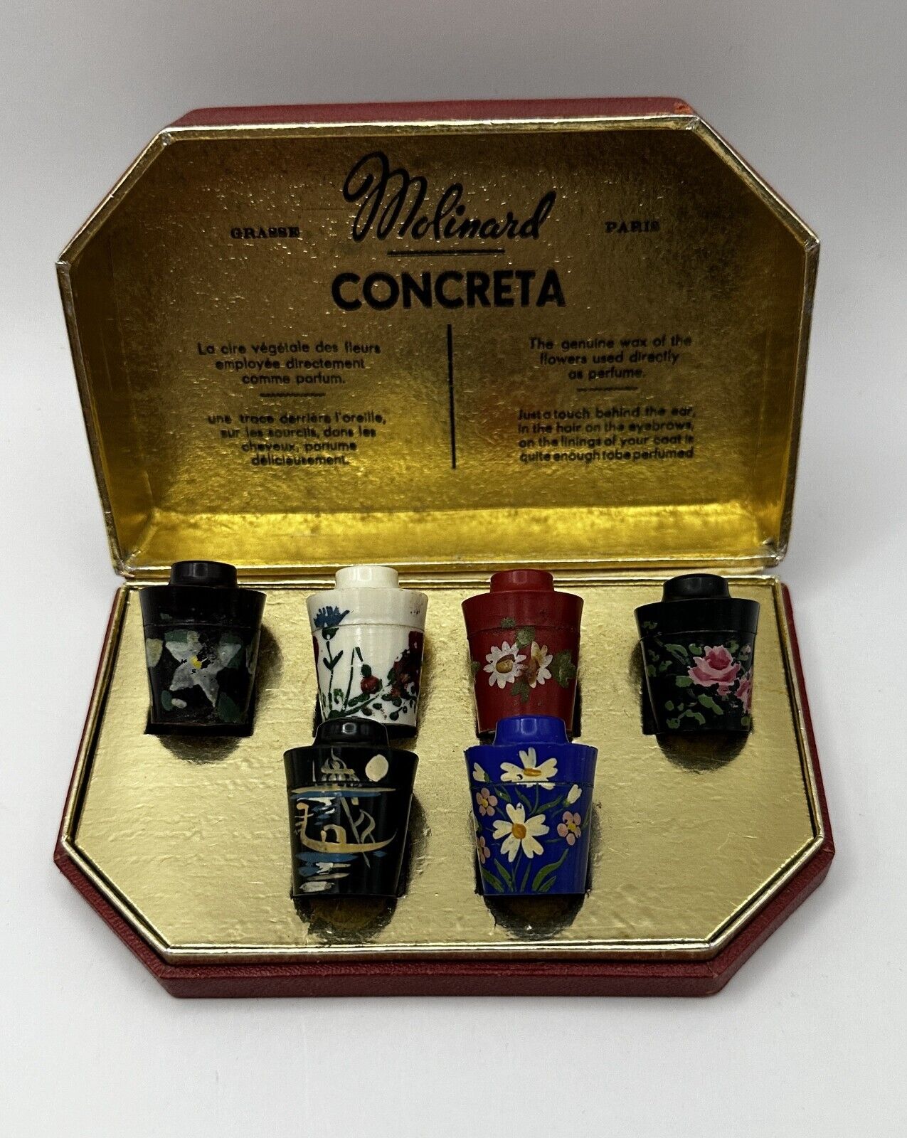 Vintage Molinard Pots Solid Perfume Holders Set 6 Bakelite Hand Painted Paris