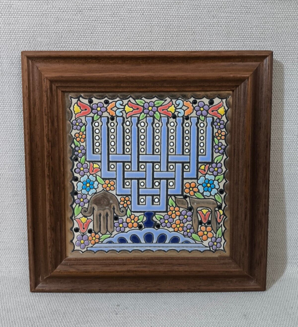 Spanish vintage Jewish Hand Painted framed Ceramic Tile hamsa and hai