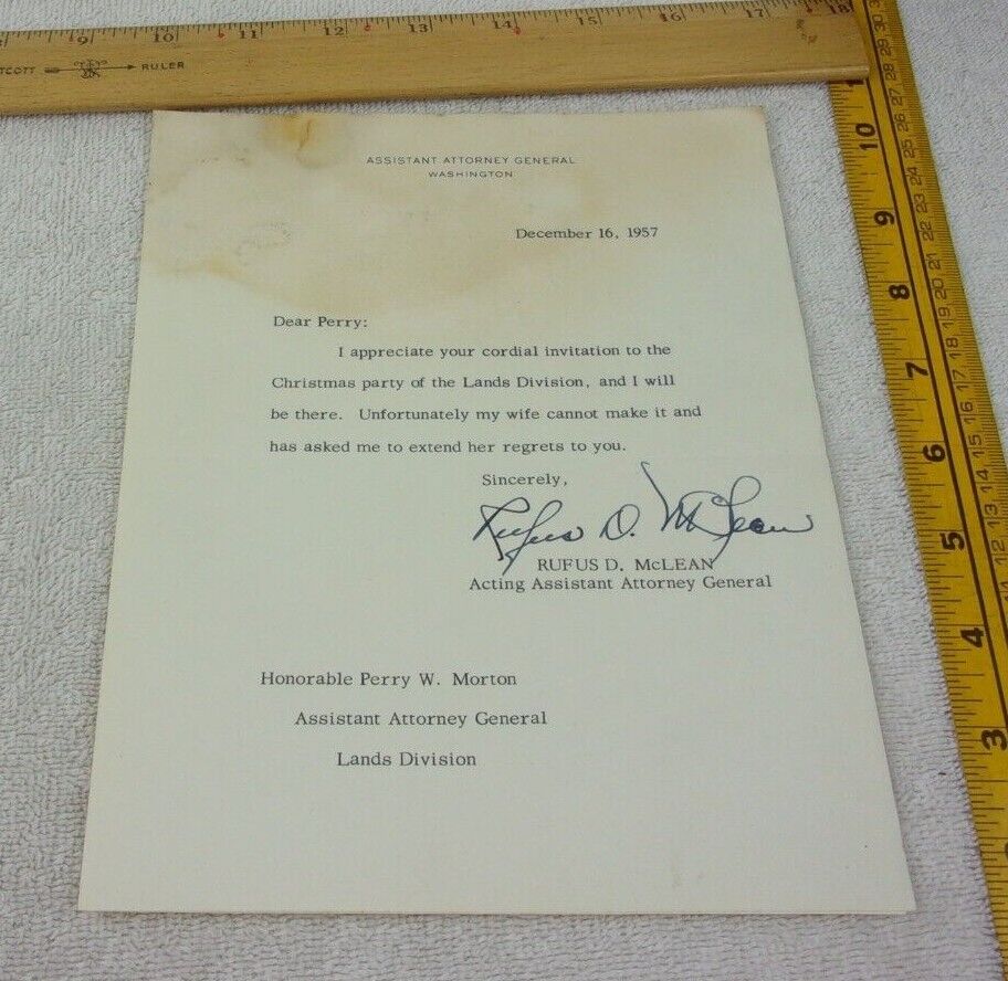 Rufus D McLean Asst. Attorney General signed 1957 letter autograph