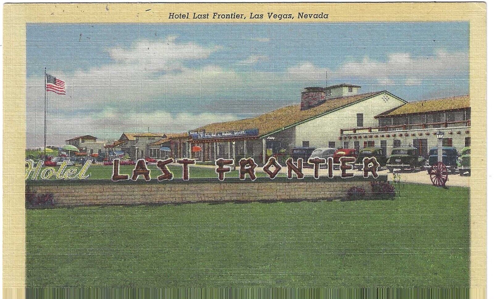 LAS VEGAS, NEVADA POSTCARD Hotel Last Frontier Front View, Sign on Rock Wall